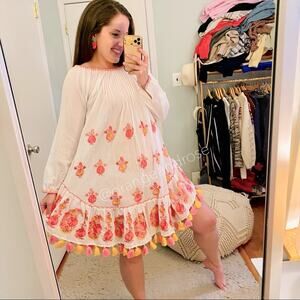 NWT TAJ by Sabrina Crippa White Pink Floral Embroidered Tassel Mini Dress XS